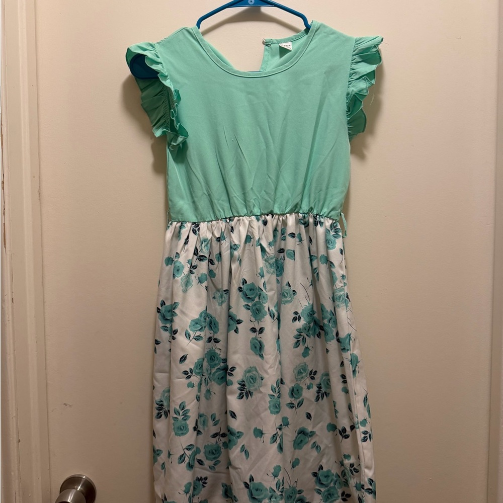 SHEIN Mint Floral Ruffle Sleeve Girls Dress